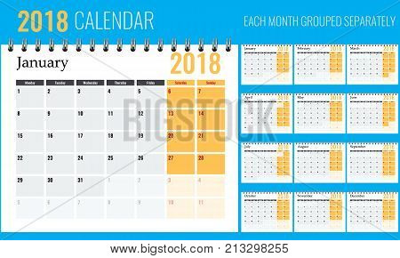 Vector of 2018 new year calendar in clean minimal table simple style with orange color. Holiday event planner.