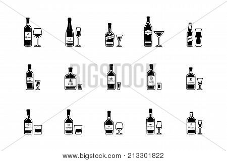 Pair of bottle and glass of alcoholic beverages, black and white icons. Vector illustration