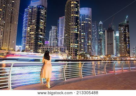 Girl Enjoying Dubai Marina View At Night