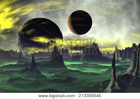 Alien Planet - Artwork. Rocks and lake. 3D illustration