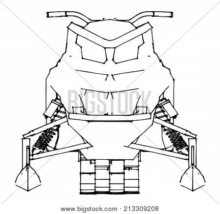 Snowmobile. Vector illustration in a hand-made style. Types of equipment from different sides.
