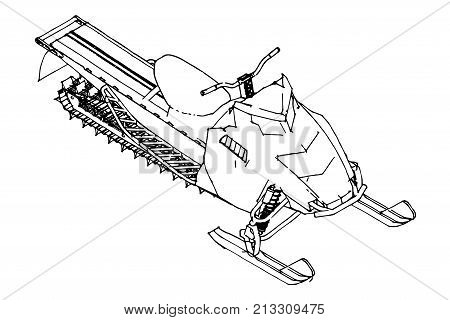 Snowmobile. Vector illustration in a hand-made style. Types of equipment from different sides.