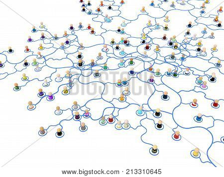 Crowd of small symbolic 3d figures linked by wiggly lines layered system over white isolated horizontal