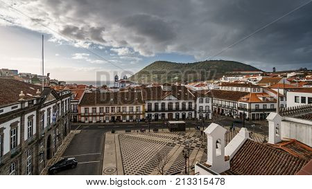 Wide angle view of Angra do Heroismo downtown and Brazil mountain and the ocean in the background