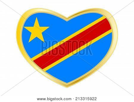 DR Congo national official flag. African patriotic symbol banner element. Correct colors. Flag of Democratic Republic of the Congo in heart shape isolated on white background. Golden frame. Vector