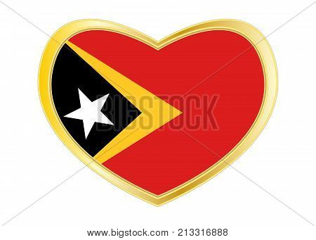 East Timorese national official flag. Patriotic symbol banner element background. Correct colors. Flag of East Timor in heart shape isolated on white background. Golden frame. Vector