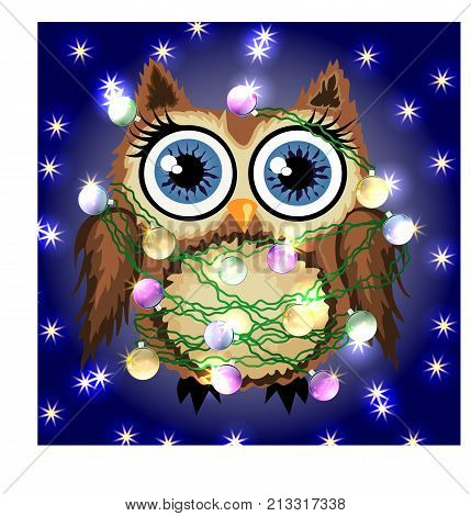 Sweet Owl Entangled In The New Year's Glowing Garland, Decoration For The Christmas Tree
