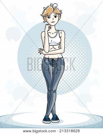 Young beautiful blonde athletic woman posing. Vector illustration of attractive female wearing leggings and T-shirt. Active and healthy lifestyle theme cartoon.