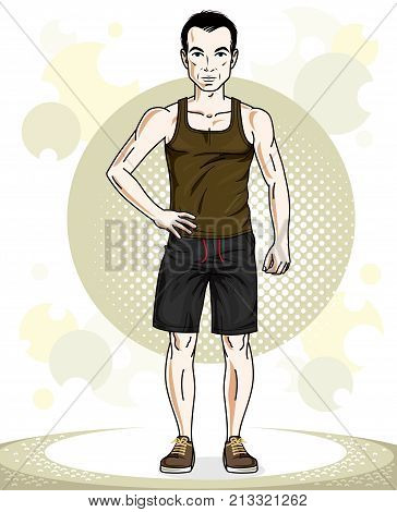 Handsome brunet athletic young man standing. Vector illustration of sportsman. Active and healthy lifestyle theme cartoon.
