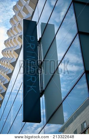 DRESDEN, GERMANY - OKTOBER 11, 2017: Neon sign at a Primark store in downtown Dresden in a shopping street