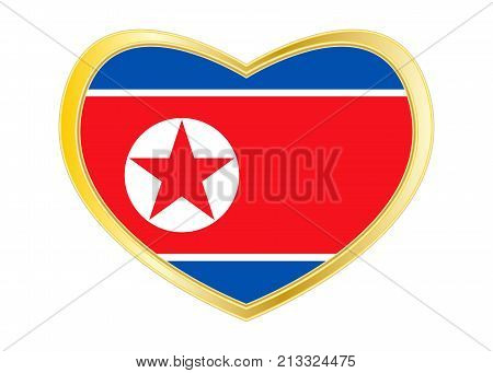 North Korean national official flag. Patriotic DPRK symbol banner element background. Correct colors. Flag of North Korea in heart shape isolated on white background. Golden frame. Vector