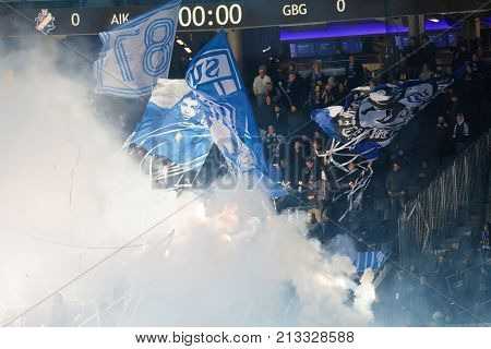 Solna Sweden - Oct 30 2017: The Supporters To The Soccer Team Ifk Gothrnburg Waring Blue And White S