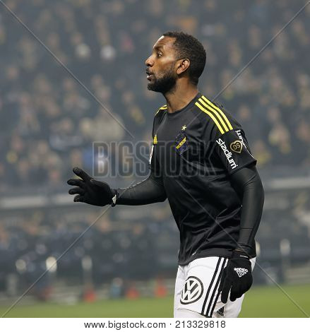 Solna Sweden - Oct 30 2017: Closeup Of Soccer Player From Aik Audience In The Background. October 30