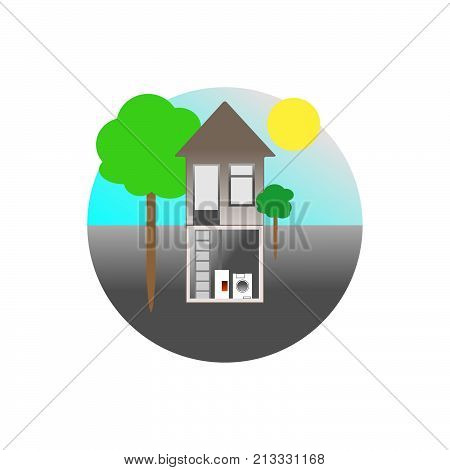 illustration of gray  house with a basemen, a washing machine, boiler and staircase on blue and gray background at Sunny day