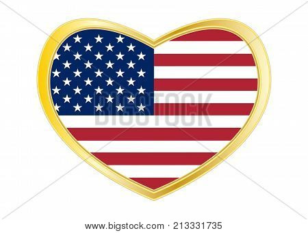 American national official flag. Symbol of the United States. Patriotic design. US banner element. Correct colors. Flag of USA in heart shape isolated on white background. Golden frame. Vector