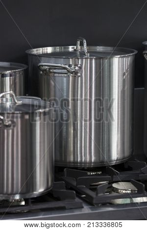 Metal stainless steel pan on a kitchen stove