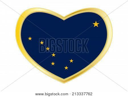Flag of the US state of Alaska. American patriotic element. USA banner. United States of America symbol. Alaskan official flag in heart shape isolated on white background. Golden frame. Vector