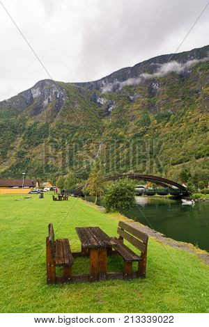 Flam Norway - September 6 2017: Flam is a village in Flamsdalen at the inner end of the Aurlandsfjorden a branch of Sognefjorden. The village is located in the municipality of Aurland in Sogn og Fjordane county Norway.