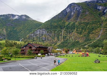 Flam Norway - September 6 2017: Flam is a village in Flamsdalen at the inner end of the Aurlandsfjorden a branch of Sognefjorden. The village is located in the municipality of Aurland in Sogn og Fjordane county Norway.
