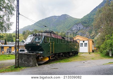 Flam Norway - September 6 2017: Flam is a village in Flamsdalen at the inner end of the Aurlandsfjorden a branch of Sognefjorden. The village is located in the municipality of Aurland in Sogn og Fjordane county Norway.