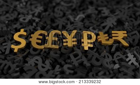 golden currency signs on stack of currency signs. conceptual illustration background in 3d. suitable for economy and finance themes.
