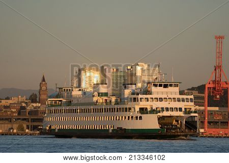 Washington State Ferry Kaleeten in Elliott Bay Seattle WA at Sunset
