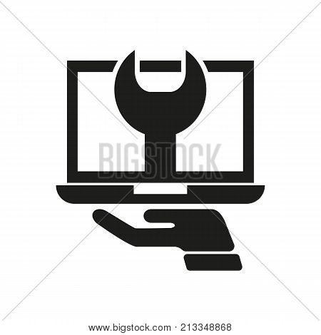 Icon of laptop maintenance. Computing, wrench, spanner, trouble. Web page concept. Can be used for topics like it support, repair, error