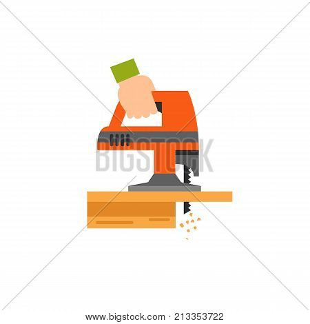 Vector icon of hand holding jigsaw tool and sawing wooden plank. Carpenter, repairman, renovation. Woodwork concept. Can be used for topics like construction, carpentry, hobby