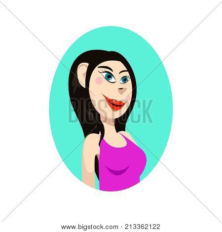 Closeup with portrait of smiling brunette girl with blue eyes and red lips. Vector color cartoon avatar in ellipse shaped background.