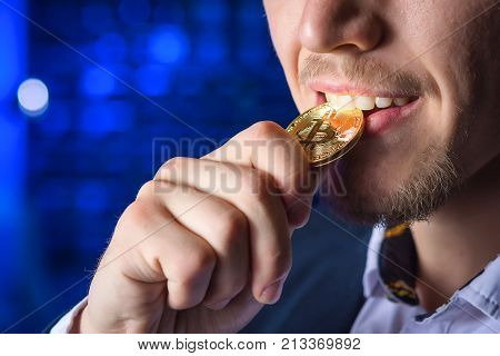 coin bitcoin cryptocurrency hold hand blured male
