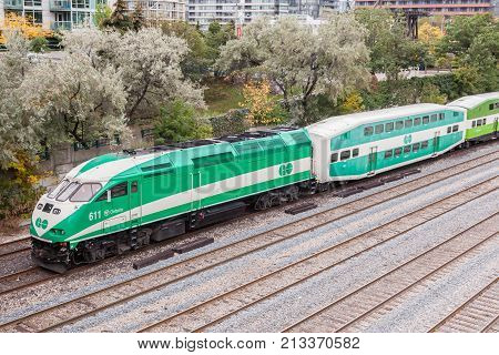 Toronto Canada - Oct 11 2017: Go Transit train leaving the city of Toronto. Province of Ontario Canada