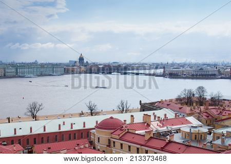 River Neva and Big Palace Bridge in spring day in St. Petersburg, Russia