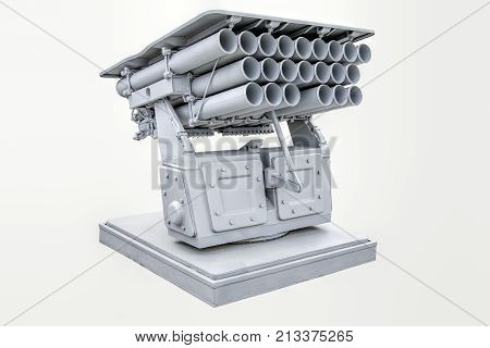 A stylized image of the ship launcher. A dangerous weapon in a contour design. Ship launcher. Battery of guns of gray. For the defense of military ships.Isolated on a white background.