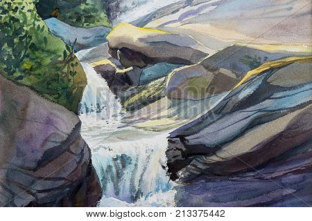 Watercolor landscape original painting colorful of waterfall rock cliff in forest nature summer season and emotion green tree background. Hand painted Impressionist abstract image illustration