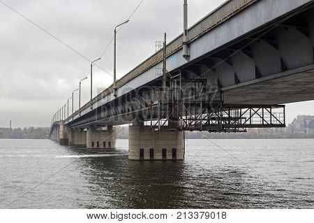 DNEPR, UKRAINE, NOVEMBER 11, 2017: Fragment of the South Bridge across the Dnieper River in the city of the Dnieper