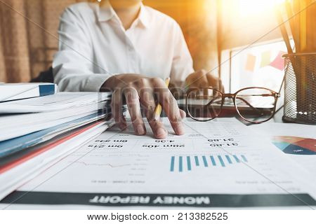 Close Up Of Business Woman Investment Consultant Analsis Company Annual Financial Report Balance She