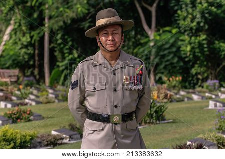 Labuan,Malaysia-Nov 12,2017:Gurkha soldier in uniform ready for the Remembrance Day in Labuan War Memorial park,Malaysia.The event also called Poppy Day & Anzac Day in several countries.