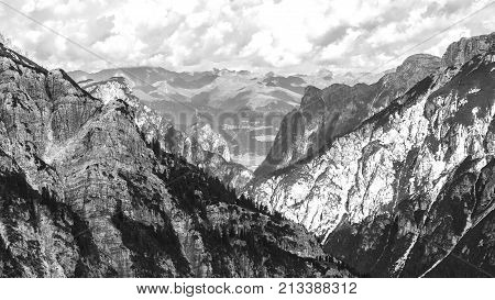 Rocky Dolomites between Austrian and Italian Alps black and white