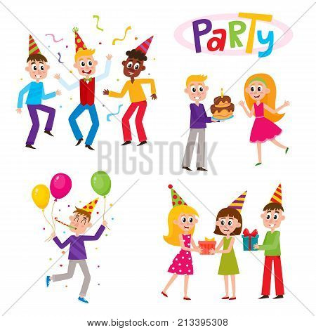 Set of friends having fun at birthday party, dancing, giving gifts, birthday cake, cartoon vector illustration isolated on white background. Young people, boys and girls, dancing, giving gifts