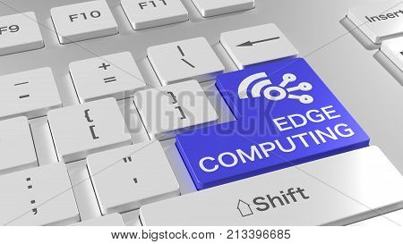 White computer keyboard with a blue enter key showing edge computing and a wireless network icon 3D illustration