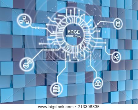 Edge computing circuit circle on blue cube background 3D illustration