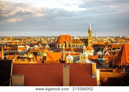Cityscape view on the old town of Nurnberg city during the sunset in Germany