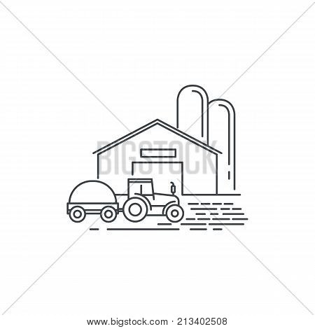 Farm barn and tractor line icon. Outline illustration of horse barn vector linear design isolated on white background. Farm logo template, element for farming design, line icon object