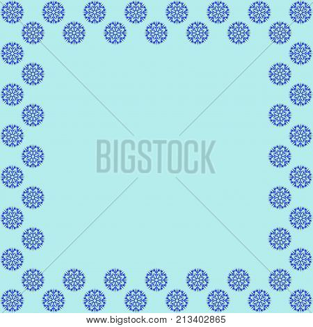 Snow frame. Decoration new year concept. Cold framework isolated on blue background. Modern art scoreboard. Border from snowflake. Decoration winter banner rim. Stock vector illustration