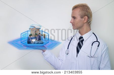 smart medical technology concept Doctor watch augmented reality technology to learning the surgery patient to practice the 3d ar help doctor to improve skill of surgery by watching in any angle