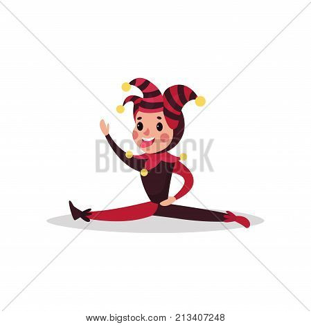 Smiling jester flat cartoon character doing split. Boy clown in black and red costume, cap and bells. Joker or festival fool wear. Circus worker. Acrobatic performance. Vector isolated on white.