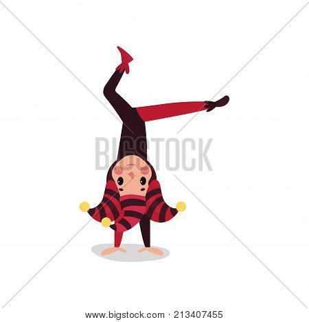 Joker flat cartoon character standing upside down. Boy clown in black and red costume, cap and bells. Jester or festival fool wear. Circus worker. Acrobatic performance. Vector isolated on white.