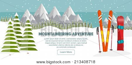 Ski snowboard equipment Swiss Alps fir trees falling snow mountains panoramic background flat vector illustration. Ski, snowboard resort season is open. Winter web banner design. Ski equipments, Swiss Alps background.