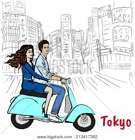 Couple driving scooter on street in Shibuya, Tokyo, Japan