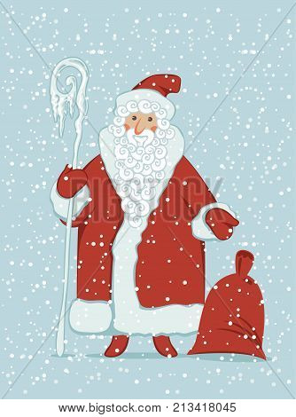 Winter vector illustration on the theme of Merry Christmas and Happy New year. Cartoon Santa Claus with magic staff and gift bag on the background of snowfall